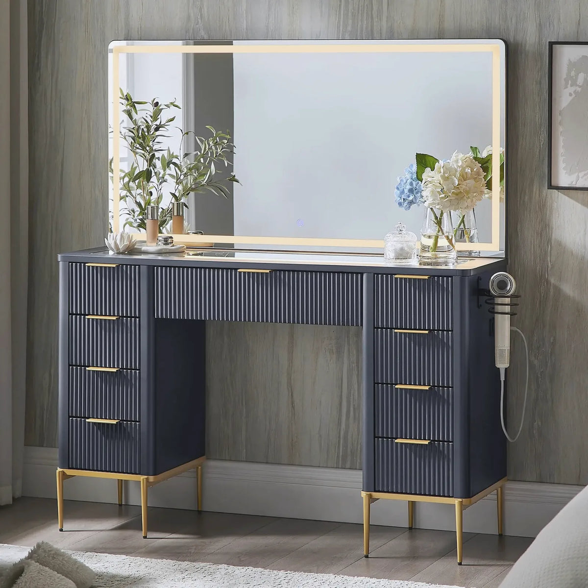 Fluted Vanity Desk with Nine Drawers & LED Mirror | Beautifully Within
