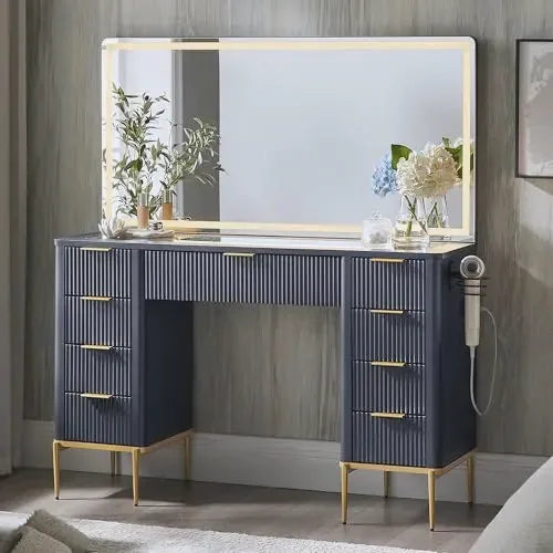 Fluted Vanity Desk with Nine Drawers & LED Mirror — view 2