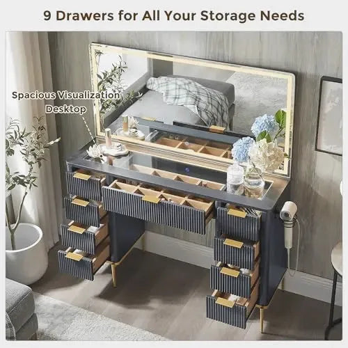 Fluted Vanity Desk with Nine Drawers & LED Mirror — view 3