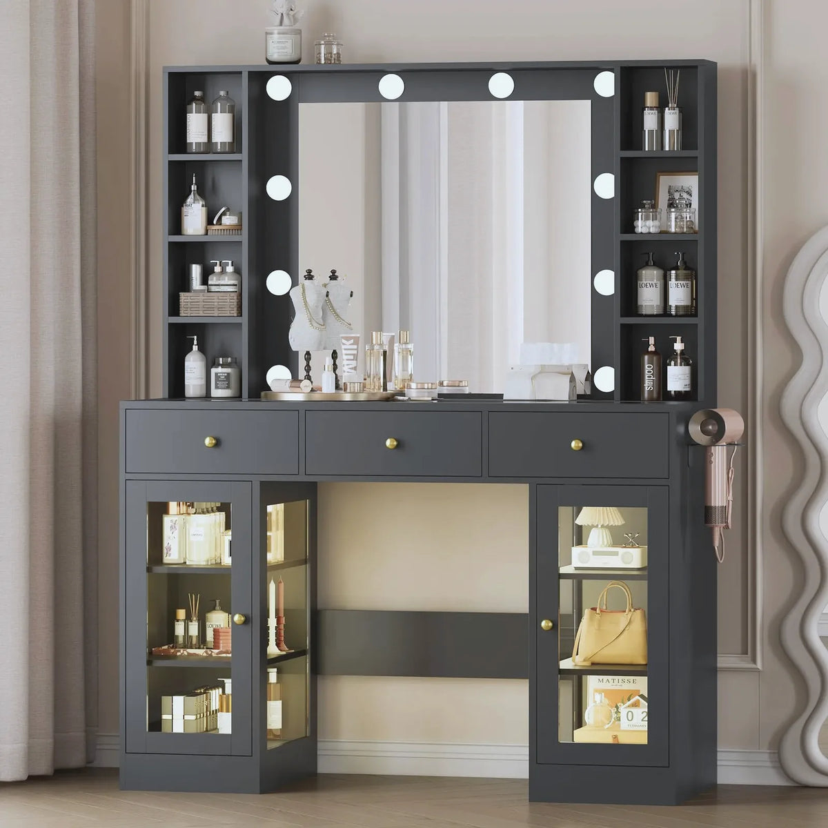 Noir Glass-Top Vanity Desk with Lighted Mirror | Beautifully Within