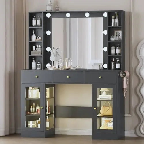 Noir Glass-Top Vanity Desk with Lighted Mirror — view 2