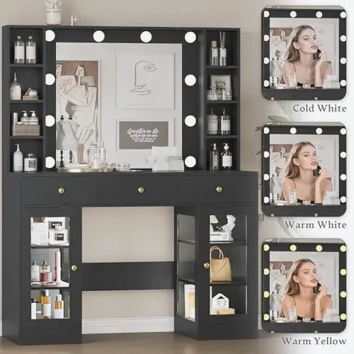 Noir Glass-Top Vanity Desk with Lighted Mirror — view 4