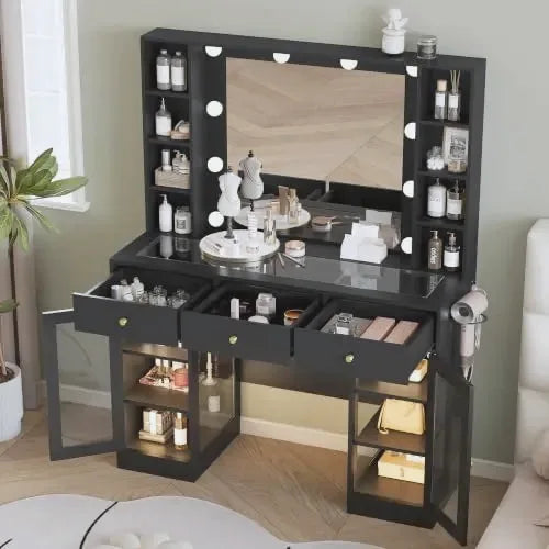 Noir Glass-Top Vanity Desk with Lighted Mirror — view 5