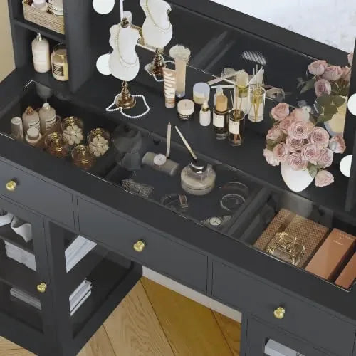 Noir Glass-Top Vanity Desk with Lighted Mirror — view 6