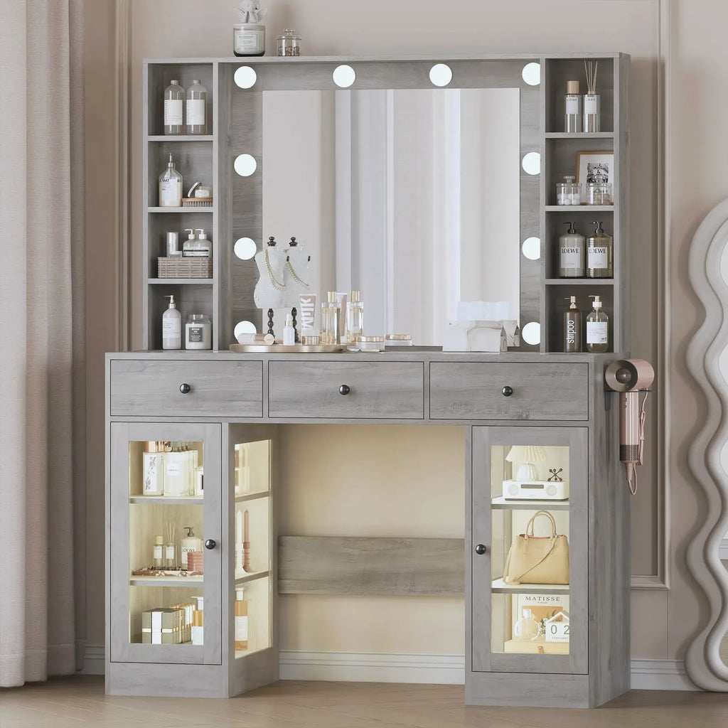 Noir Glass-Top Vanity Desk with Lighted Mirror — view 7