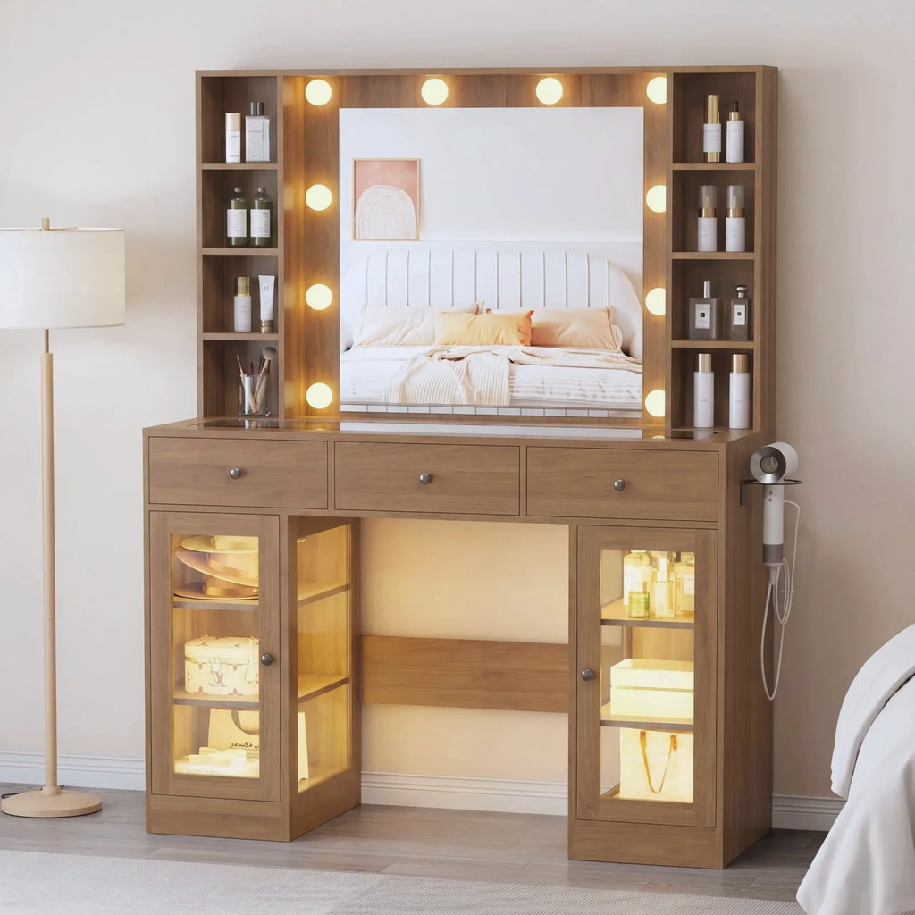 Noir Glass-Top Vanity Desk with Lighted Mirror — view 9