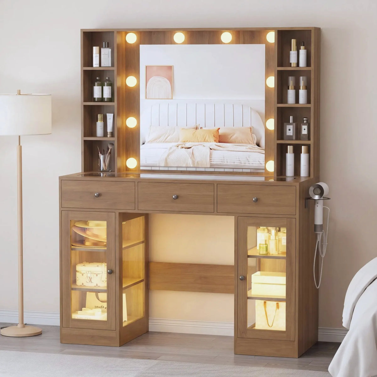 Noir Glass-Top Vanity Desk with Lighted Mirror — view 9