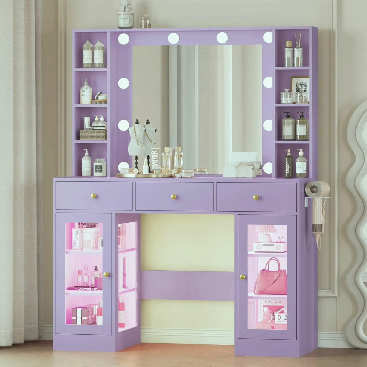 Noir Glass-Top Vanity Desk with Lighted Mirror — view 10