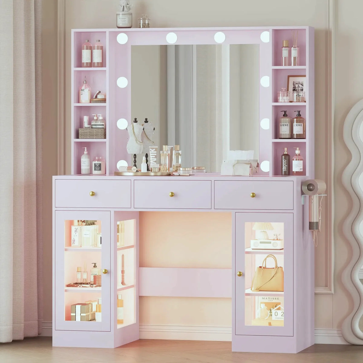 Noir Glass-Top Vanity Desk with Lighted Mirror — view 11