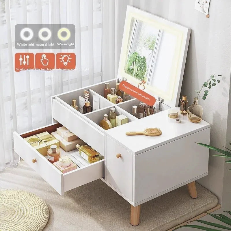 Window Seat Vanity Table with LED Mirror & Storage Drawers | Beautifully Within