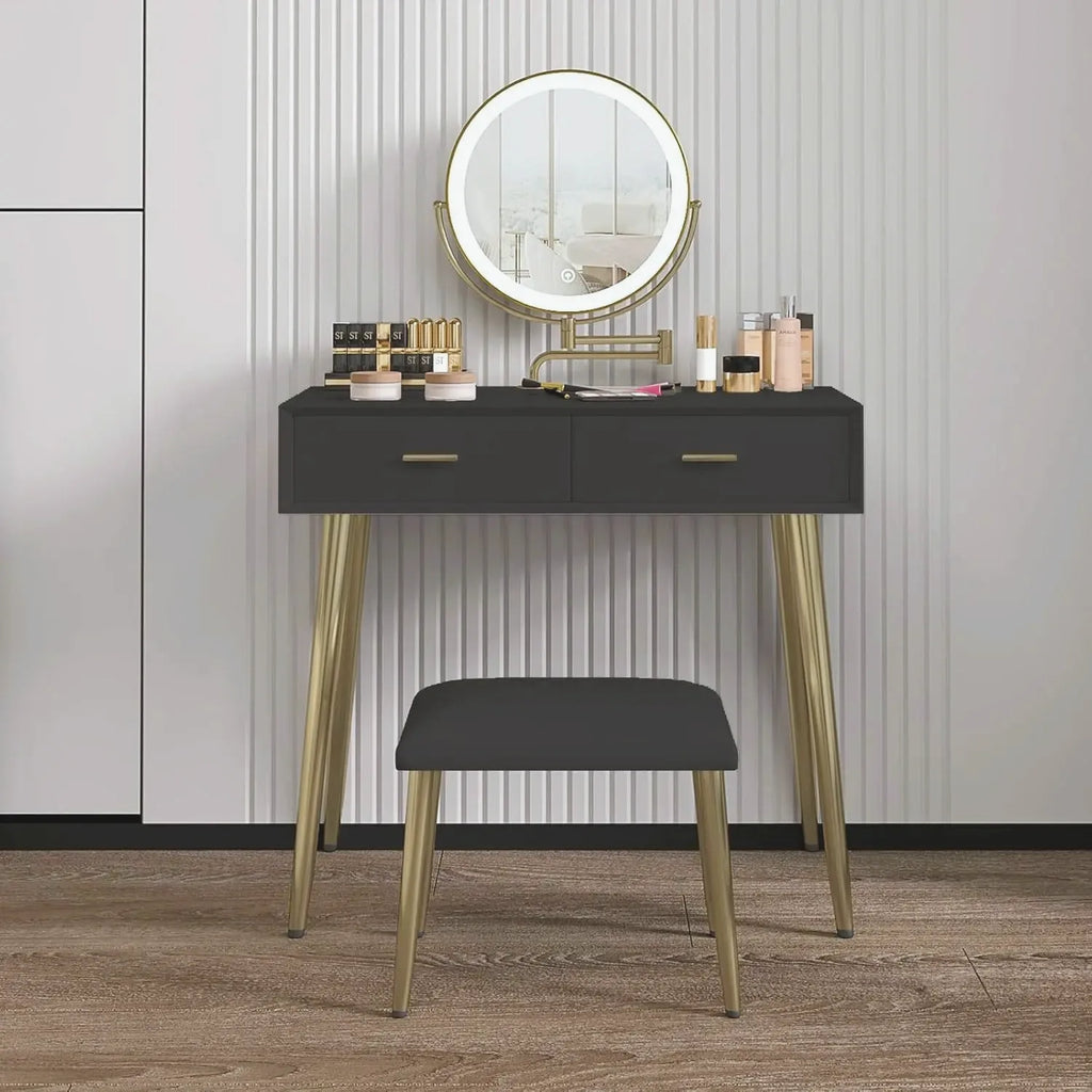 Leather-Wrapped Vanity Desk with Rotating Mirror & Stool | Beautifully Within