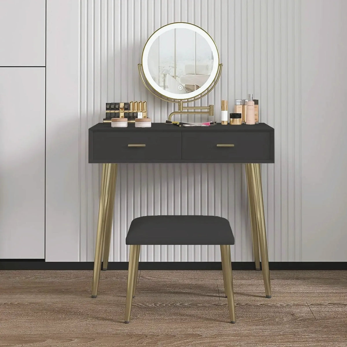 Leather-Wrapped Vanity Desk with Rotating Mirror & Stool | Beautifully Within