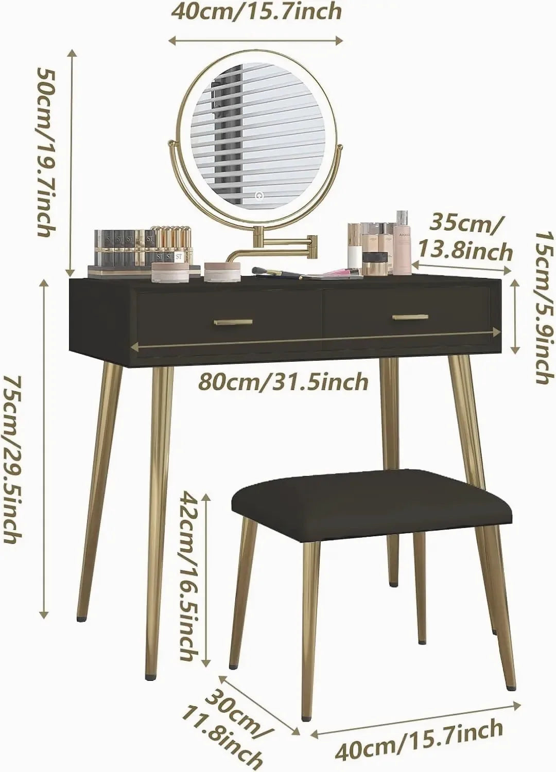Leather-Wrapped Vanity Desk with Rotating Mirror & Stool — view 2