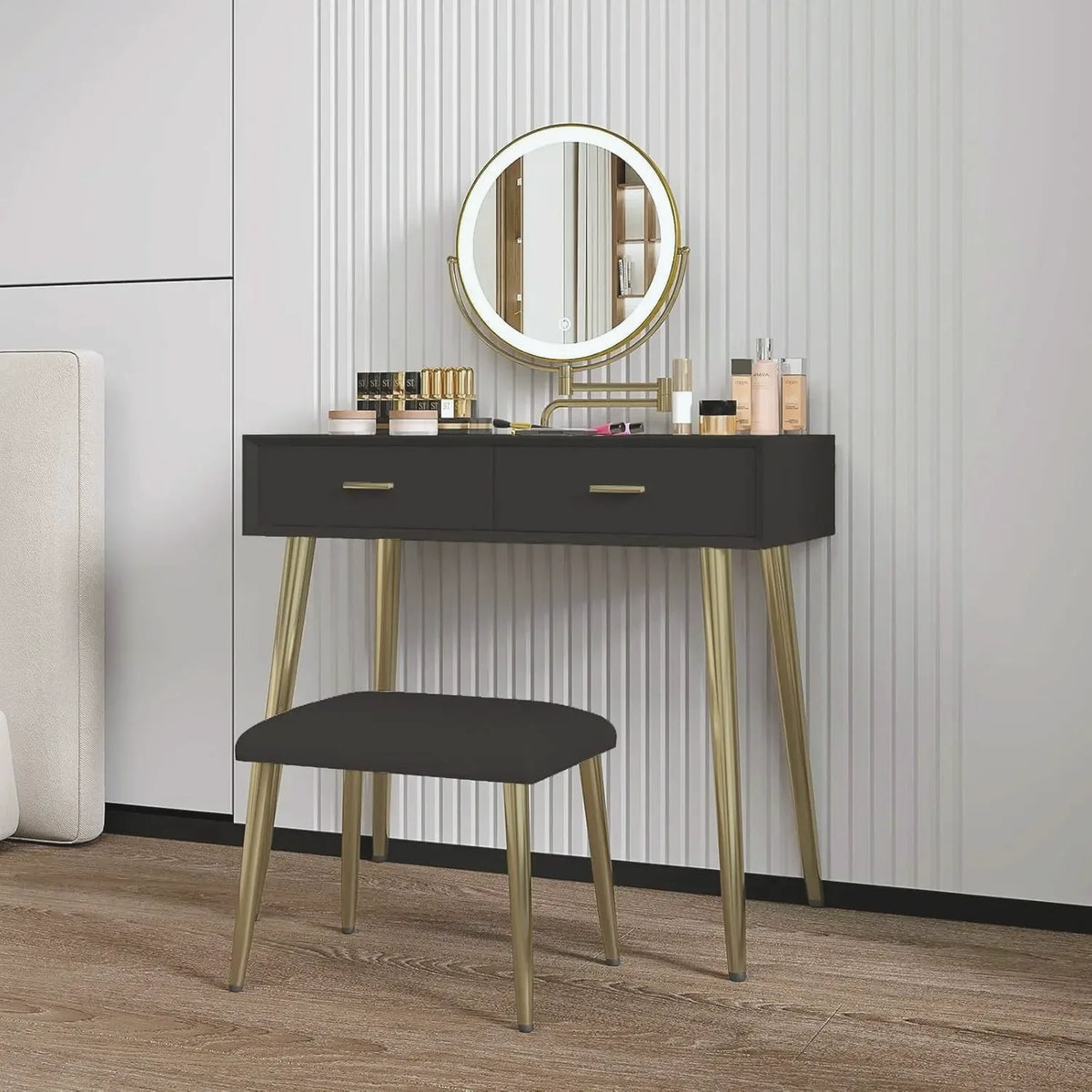 Leather-Wrapped Vanity Desk with Rotating Mirror & Stool — view 3