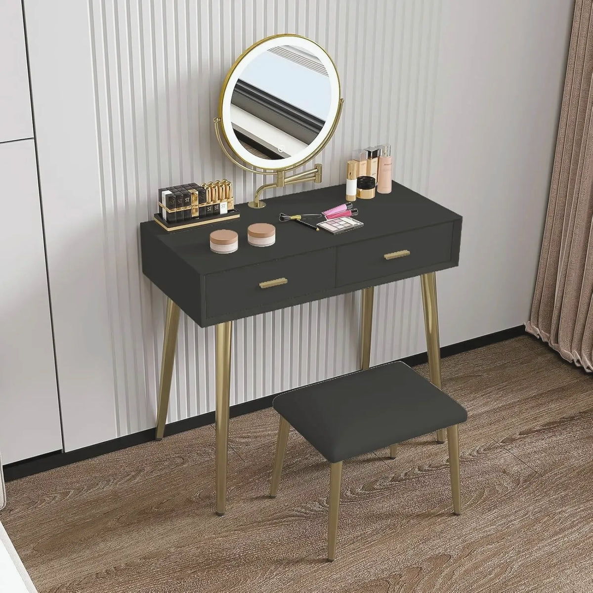 Leather-Wrapped Vanity Desk with Rotating Mirror & Stool — view 4