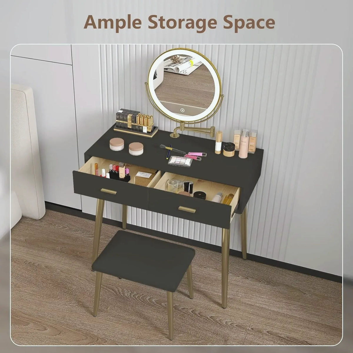 Leather-Wrapped Vanity Desk with Rotating Mirror & Stool — view 5