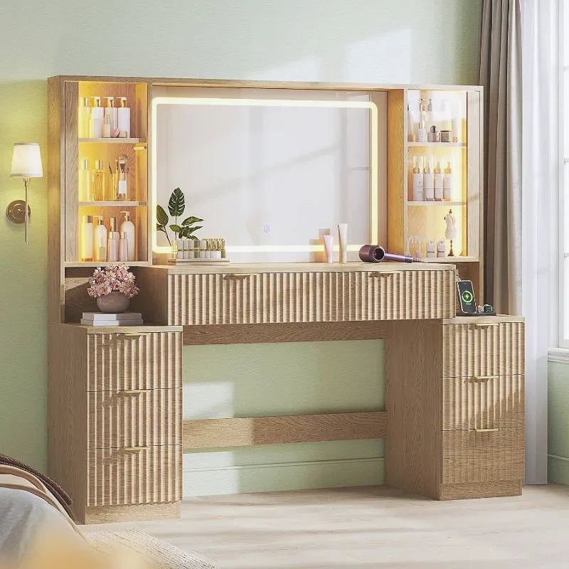 Fluted Wood Vanity Desk with Sound-Sync Lighting | Beautifully Within