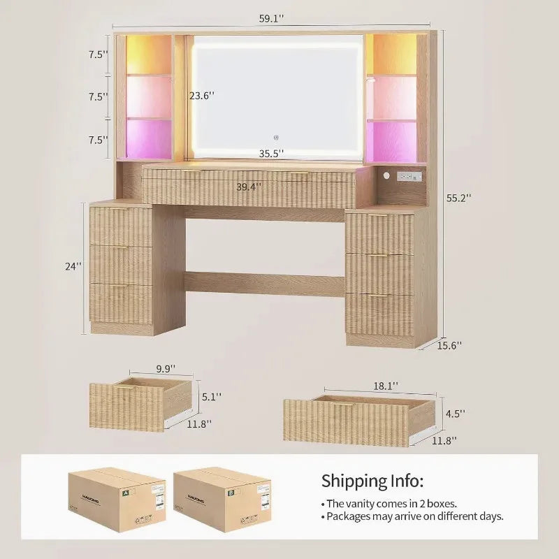 Fluted Wood Vanity Desk with Sound-Sync Lighting — view 3