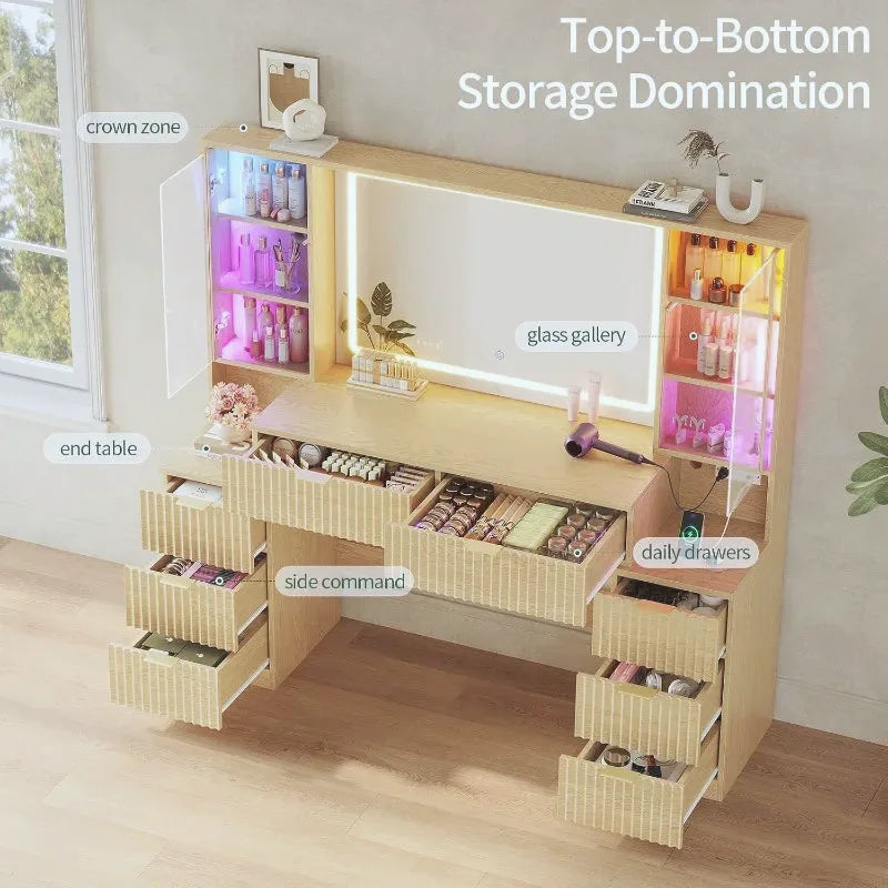 Fluted Wood Vanity Desk with Sound-Sync Lighting — view 6
