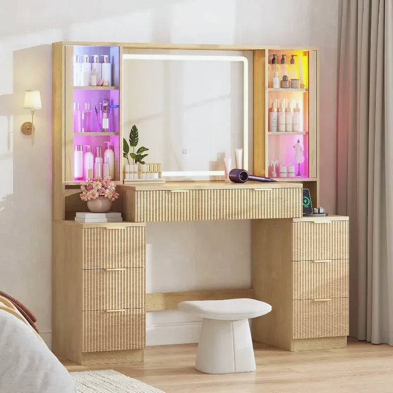 Fluted Wood Vanity Desk with Sound-Sync Lighting — view 7