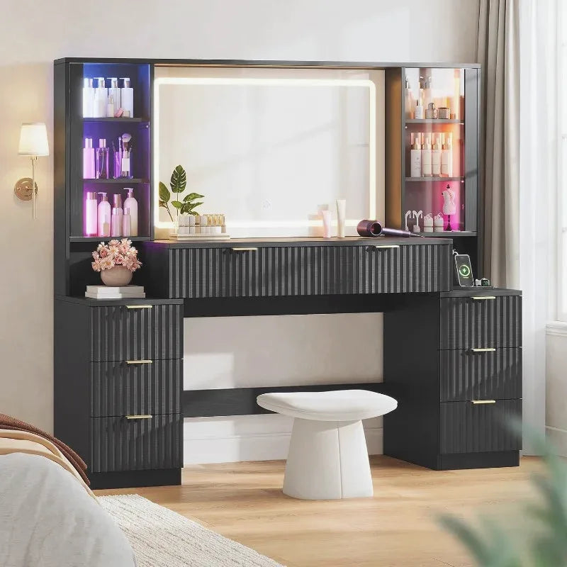 Fluted Wood Vanity Desk with Sound-Sync Lighting — view 9