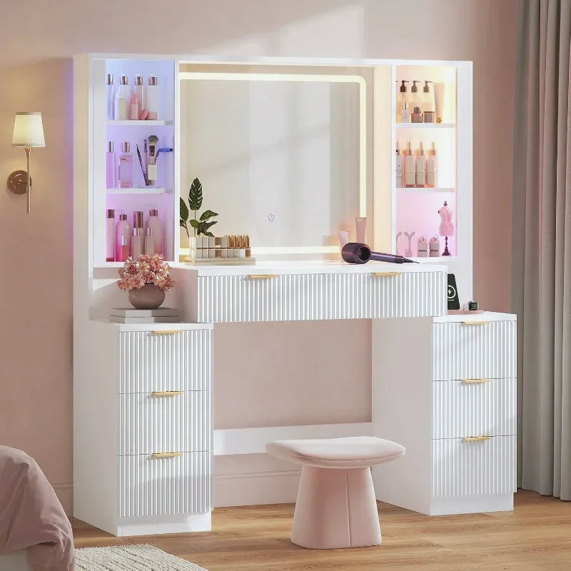 Fluted Wood Vanity Desk with Sound-Sync Lighting — view 11