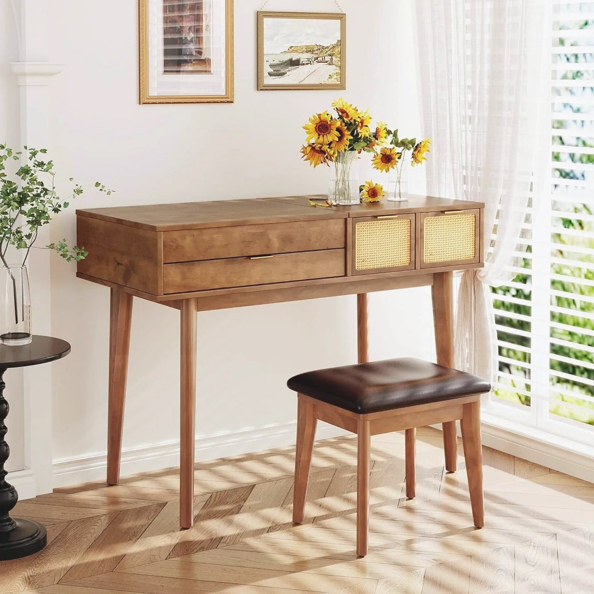 Espresso Hardwood Vanity Desk with Flip-Top Mirror | Beautifully Within