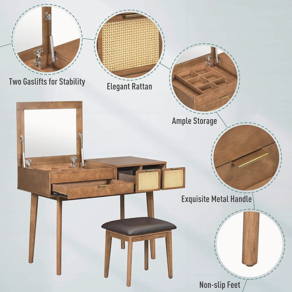 Espresso Hardwood Vanity Desk with Flip-Top Mirror — view 3