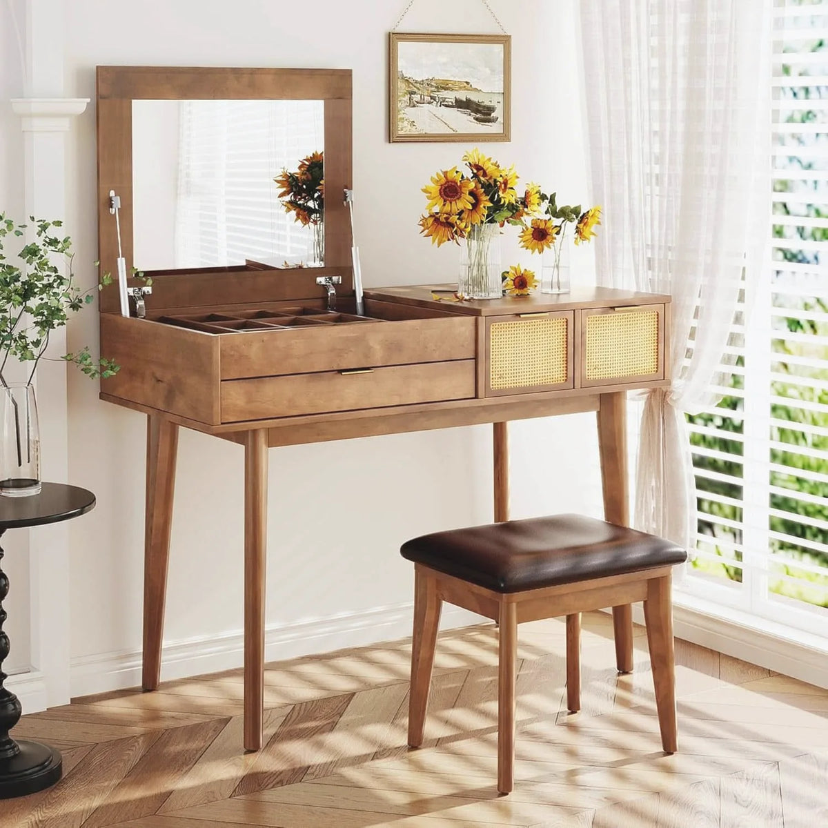 Espresso Hardwood Vanity Desk with Flip-Top Mirror — view 5