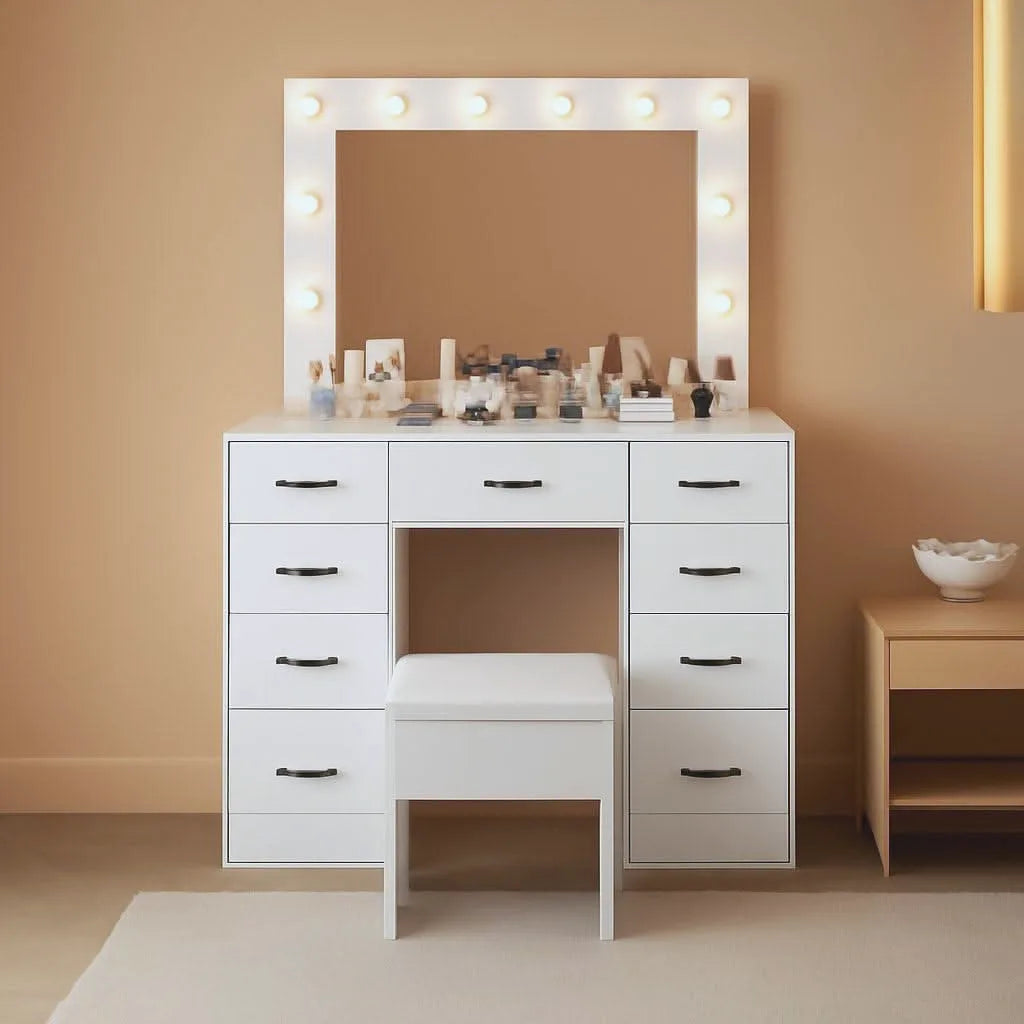 White Glass-Top Vanity Desk with Illuminated Mirror | Beautifully Within