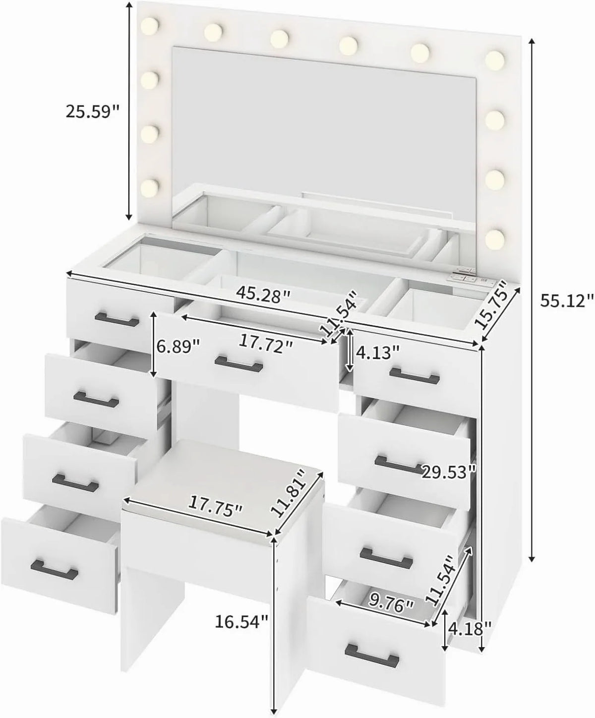 White Glass-Top Vanity Desk with Illuminated Mirror — view 3