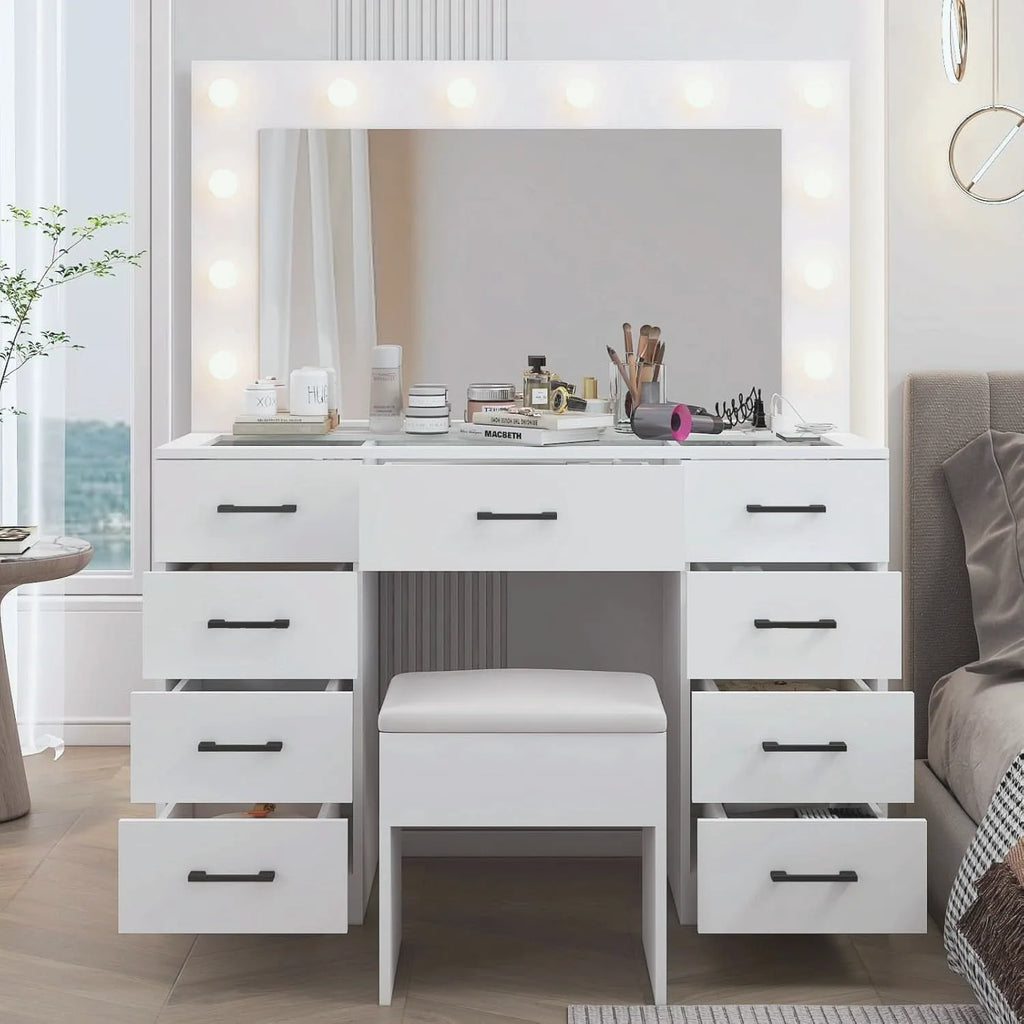 White Glass-Top Vanity Desk with Illuminated Mirror — view 5