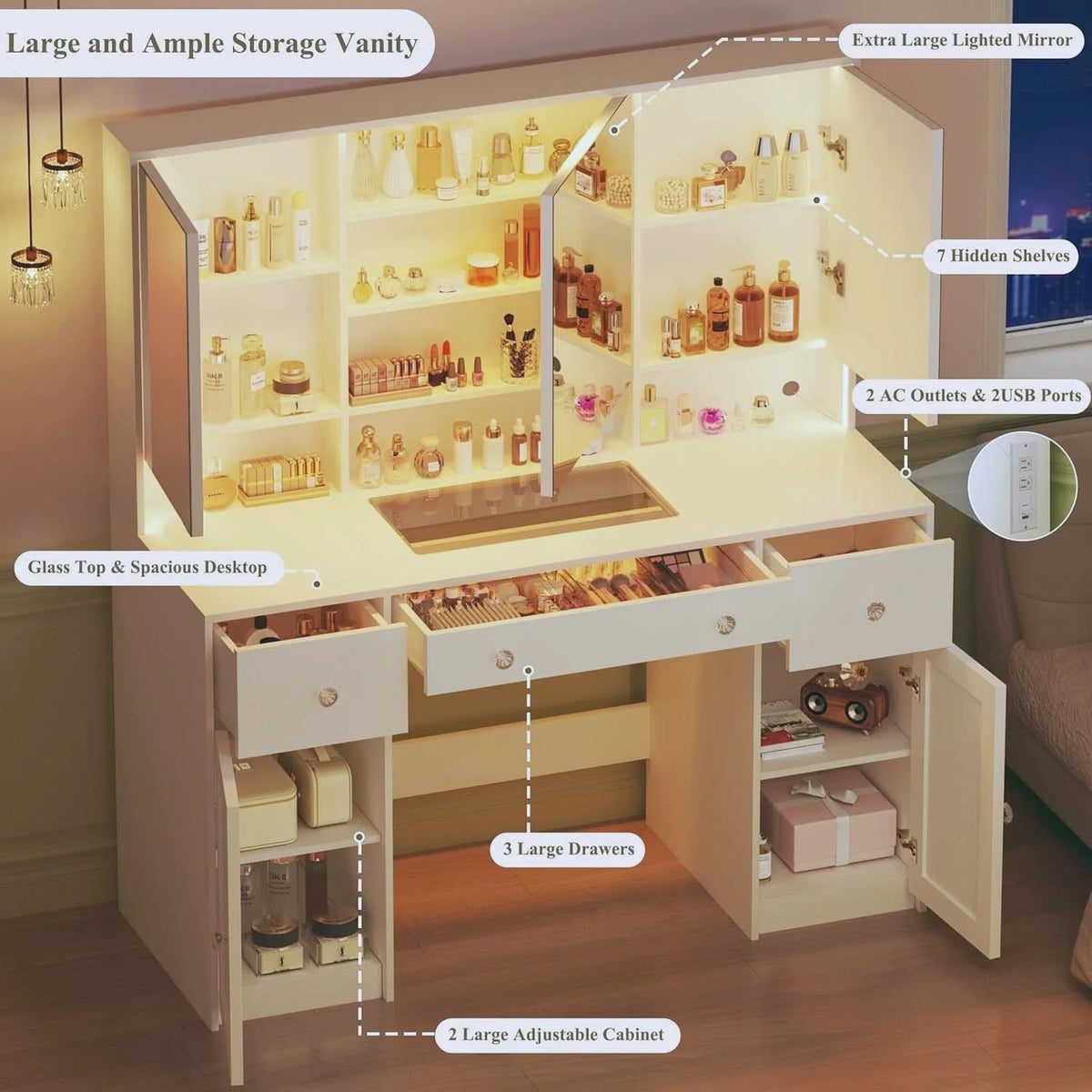 Extra Large Illuminated Vanity Desk with Mirror — 45" — view 4