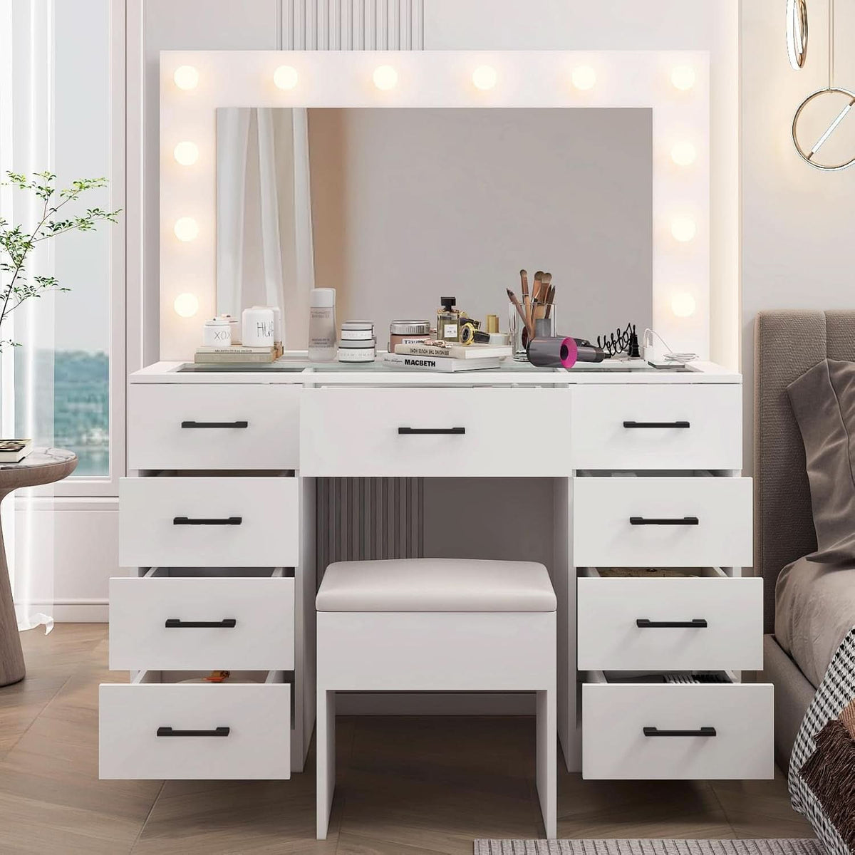 45.3 Vanity Desk With Glass Table top Illuminated White - image 5