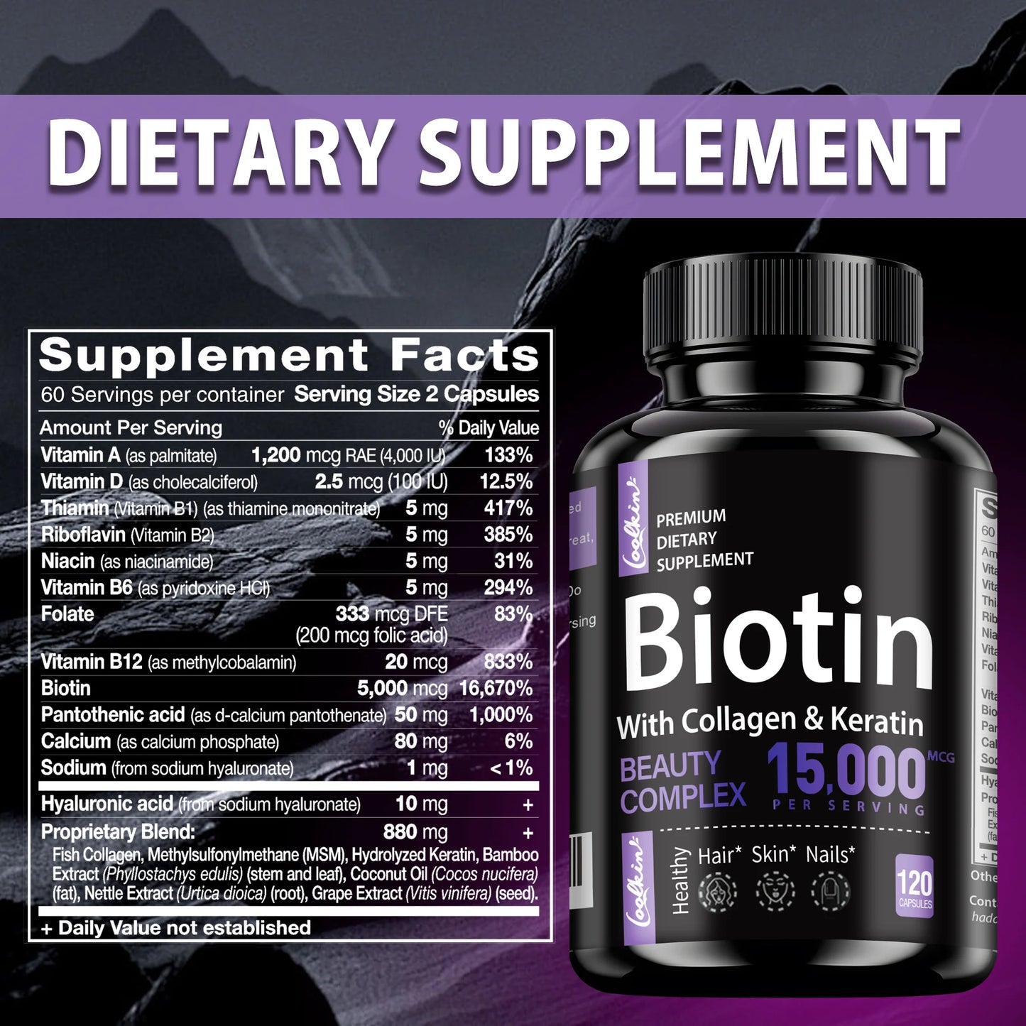 Biotin with Collagen & Keratin – Hair, Skin & Nail Support (120 Ct)