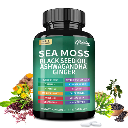 Sea Moss + Black Seed Oil + Ashwagandha + Ginger – Immune & Energy Support (120 Ct)