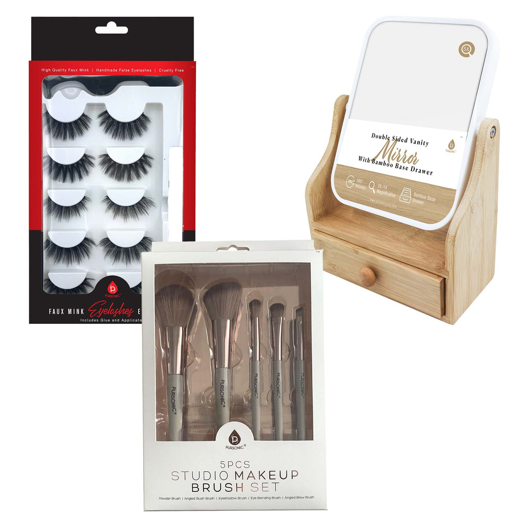Pursonic Glamour Essentials Bundle: 5pc Studio Makeup Brush Set + False Eyelashes Extensions + Dual-Sided Vanity Mirror-4