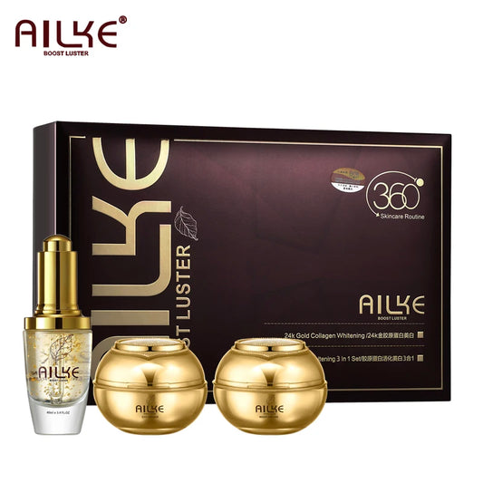 AILKE 24K Gold Skincare Set – Essence, Toner & Cream