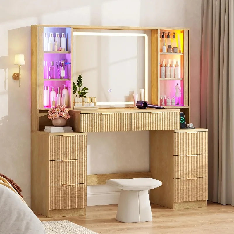 Fluted Wood Vanity Desk with Sound-Sync Lighting