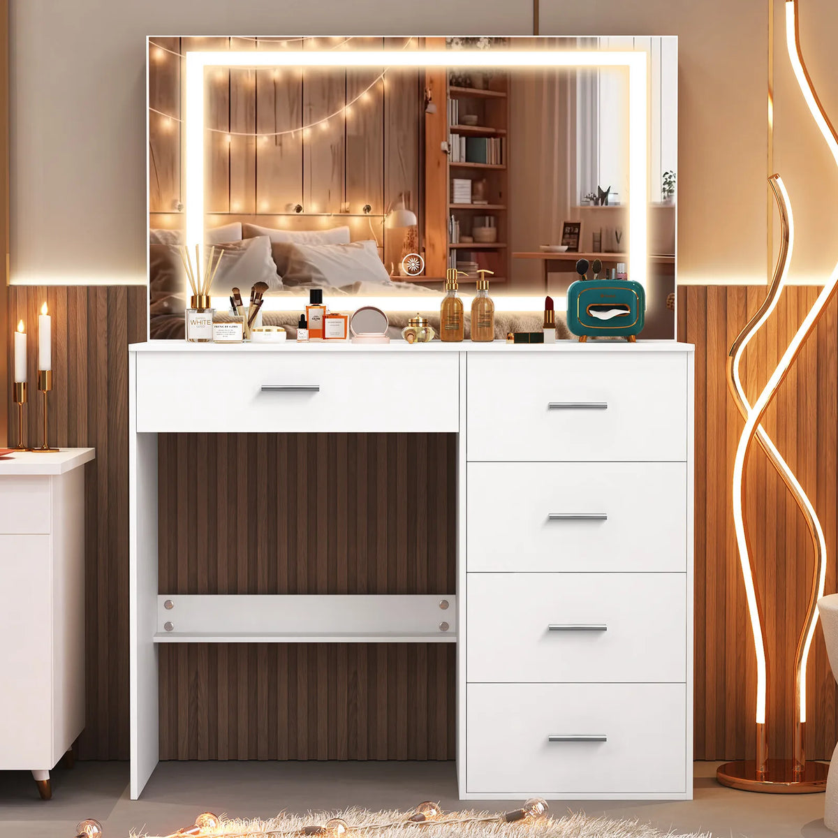 Modern White Vanity Desk with LED Mirror & Storage Drawers