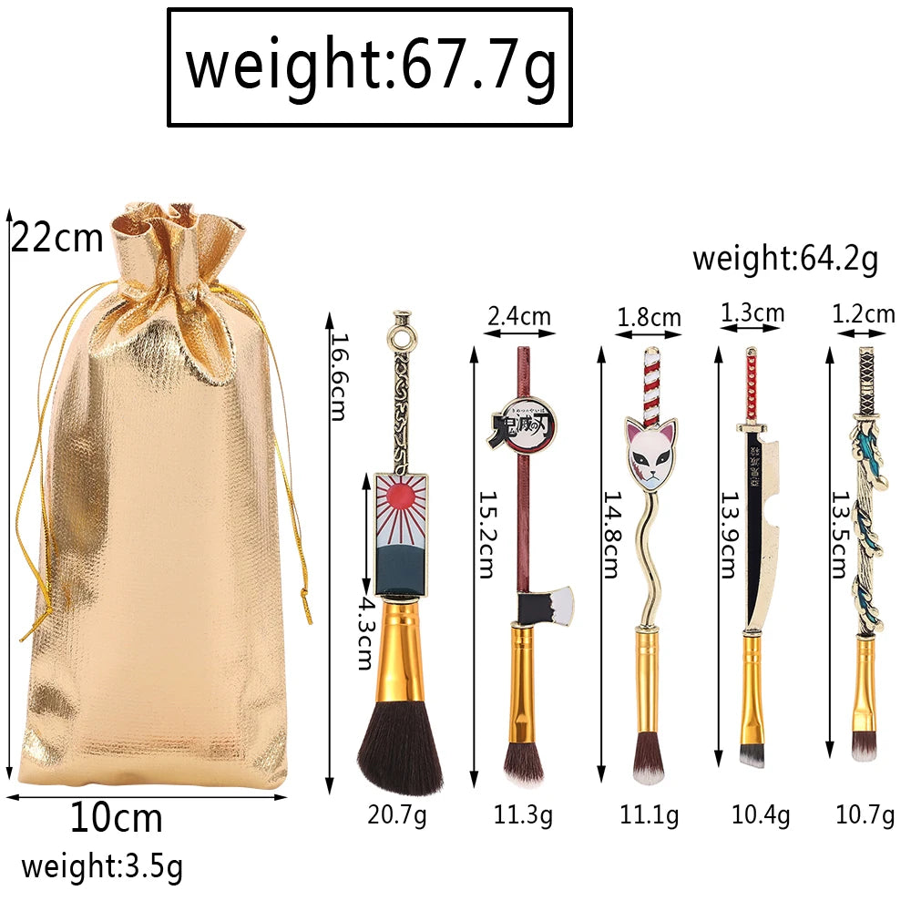 5PCS Demon Slayer Kimetsu no Yaiba Makeup Brushes Cosplay Tool Set Women Powder Eyeshadow Face Cosmeitcs Fan Collect