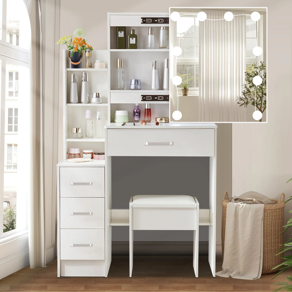 White Vanity Table Set with 3-Color LED Mirror, 4 Drawers & Stool