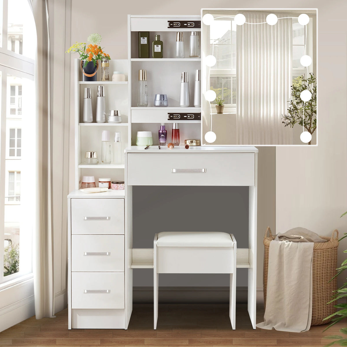 White Vanity Table Set with 3-Color LED Mirror, 4 Drawers & Stool