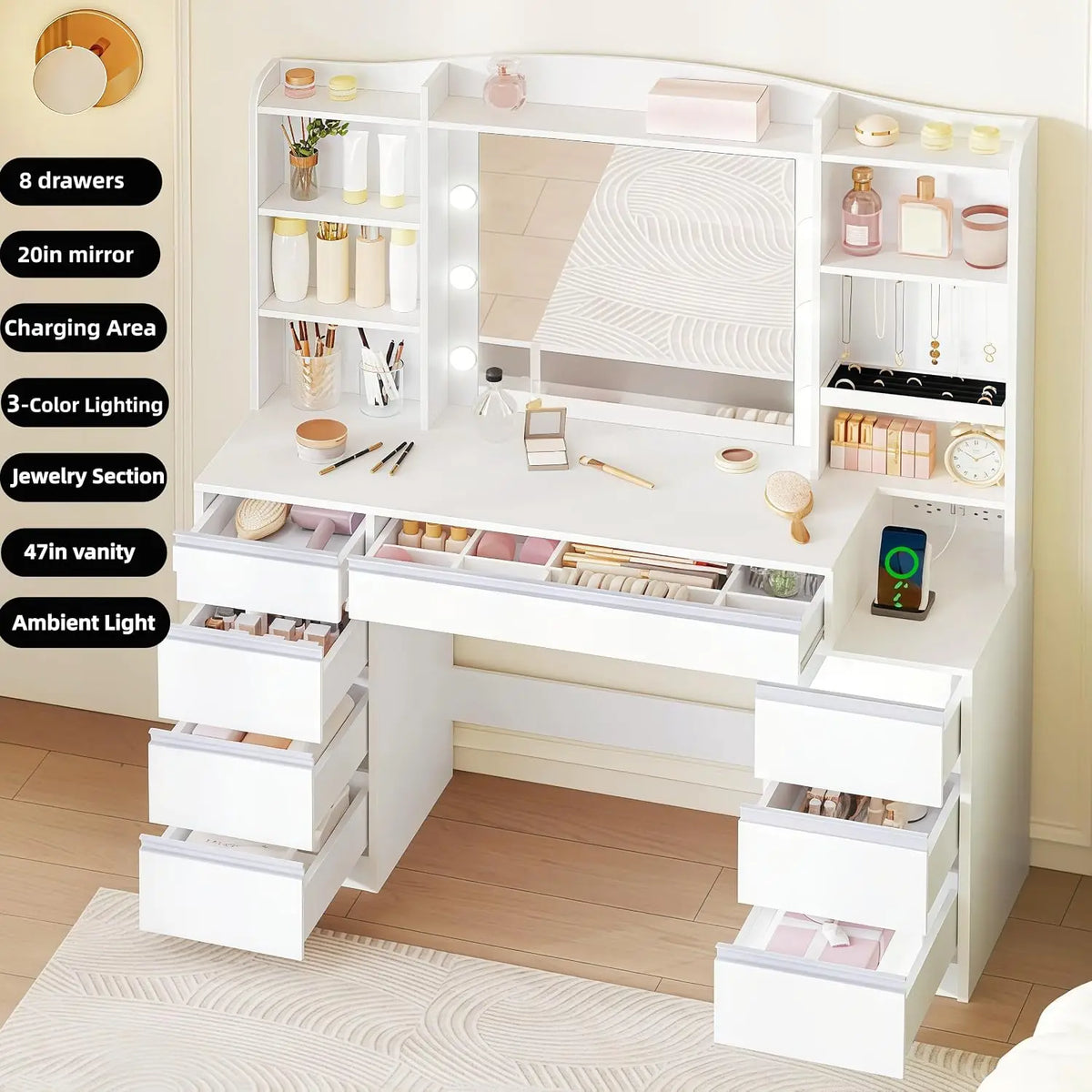 47" LED Vanity Desk with 8 Drawers & Charging Station