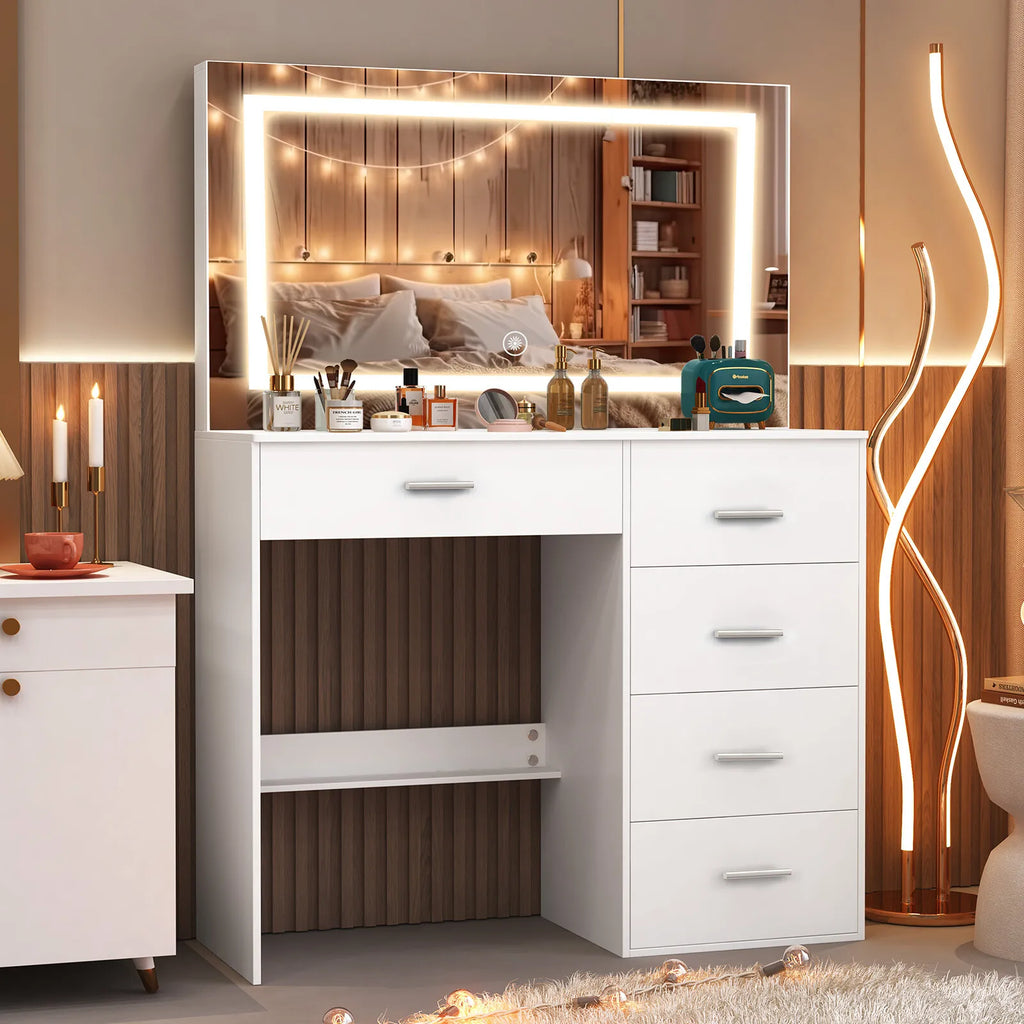 Modern White Vanity Desk with LED Mirror & Storage Drawers