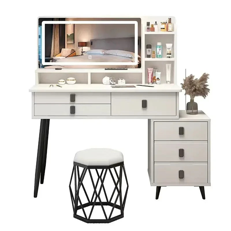 Luxury Vanity Makeup  Dressing Table Makeup Vanity with Lights 5 Drawers and Cabinets Dressing Table Set with Large Mirror Desk