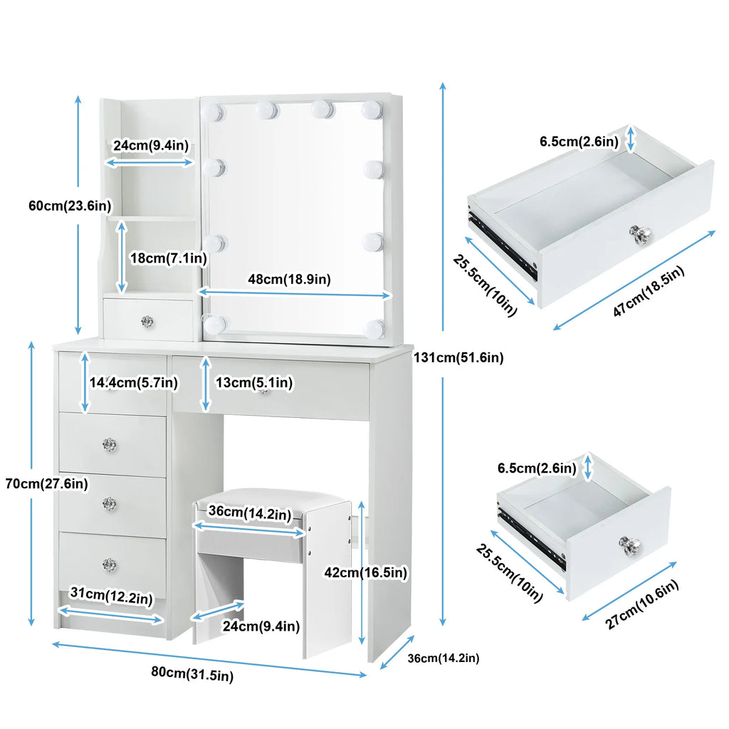 LED Makeup Vanity Set with Sliding Mirror, 6 Drawers & Stool