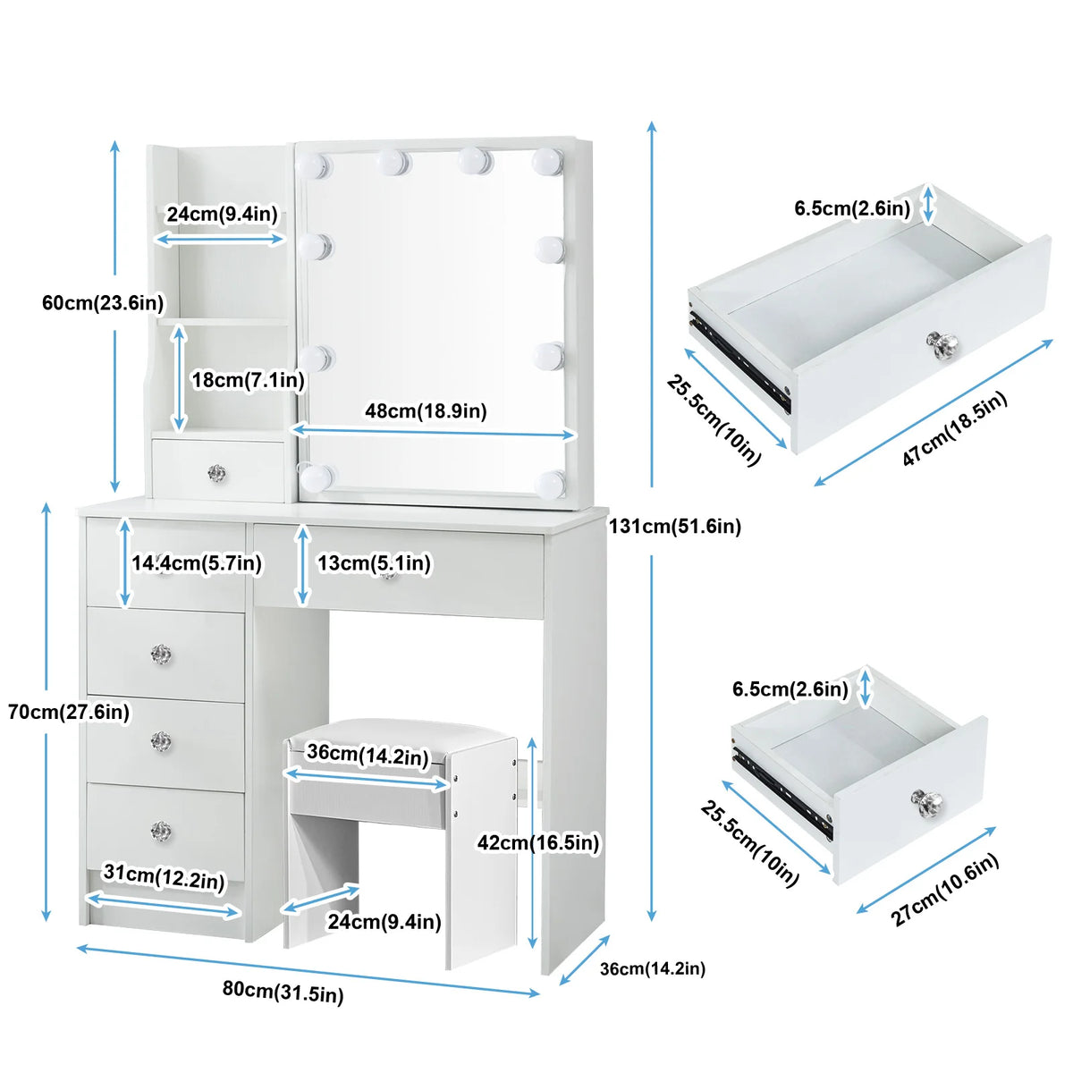 LED Makeup Vanity Set with Sliding Mirror, 6 Drawers & Stool