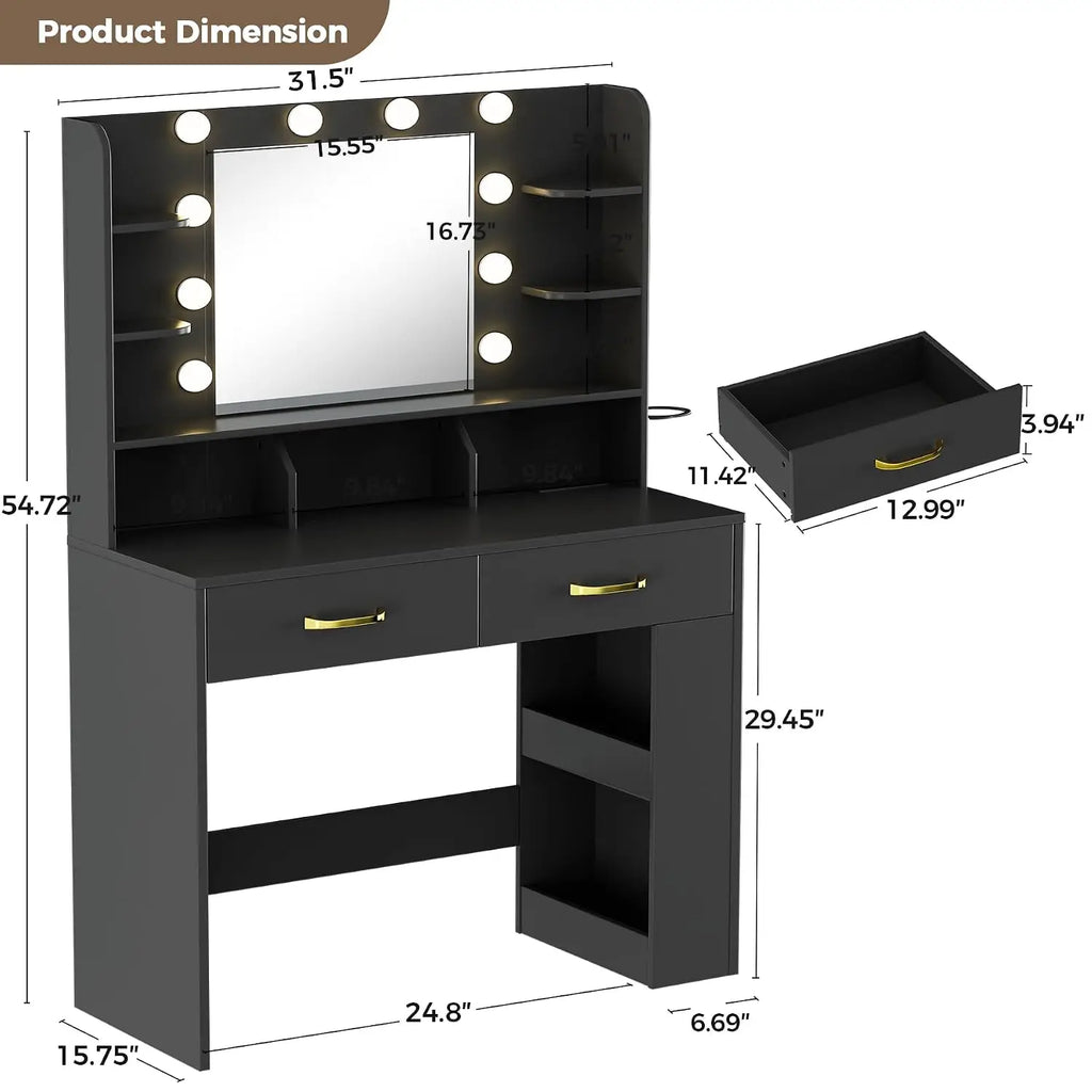 Black Vanity Desk with LED Mirror & Charging Station
