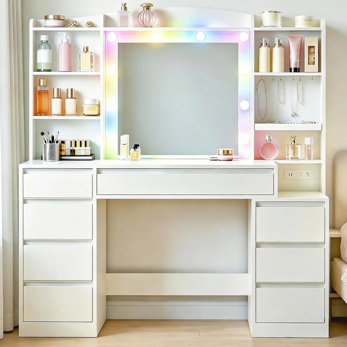47" LED Vanity Desk with 8 Drawers & Charging Station — Vanity Furniture, Bedroom Vanity, LED Mirror | Beautifully Within